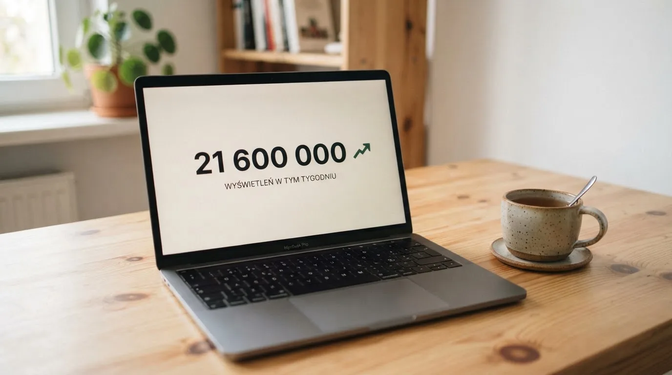 Ekran laptopa z prostym licznikiem liczby użytkowników rosnącym w czasie rzeczywistym, obok kubek herbaty.