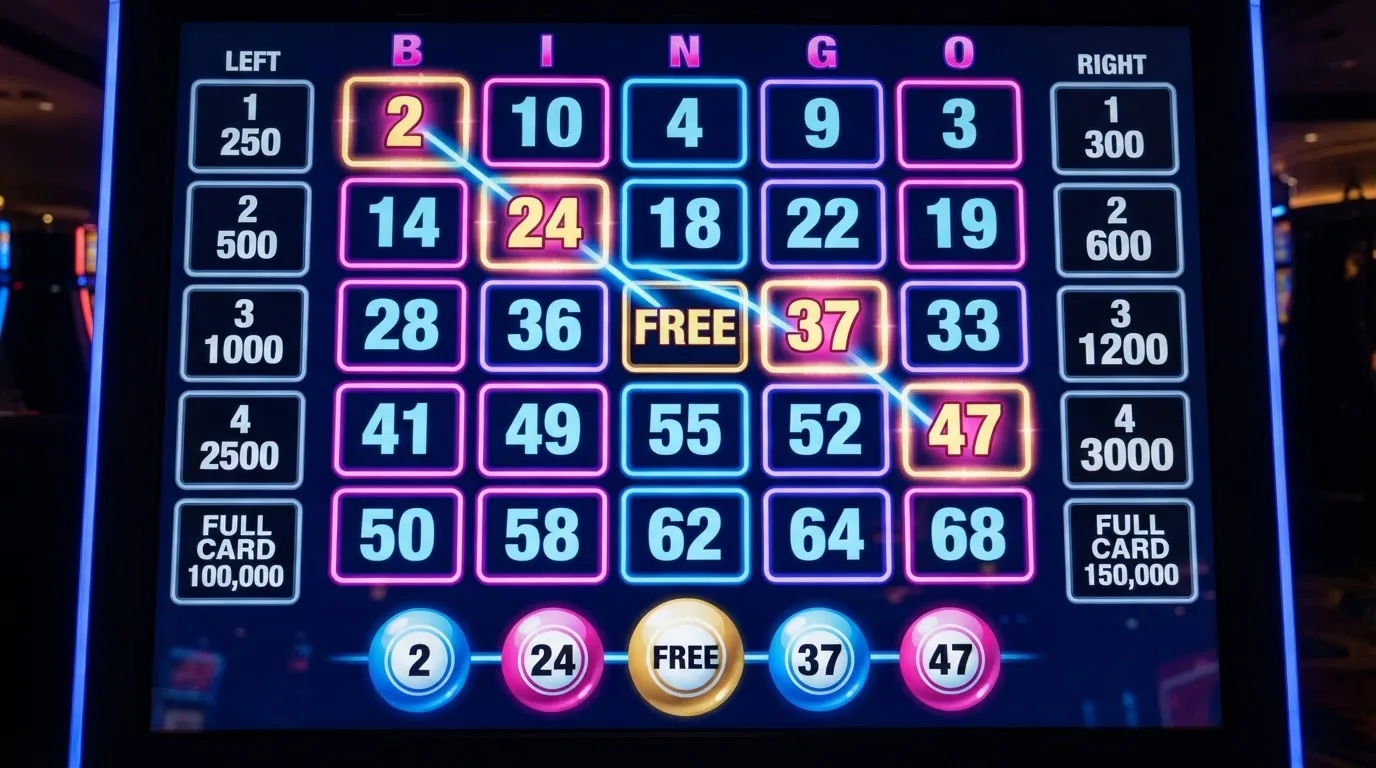 Ekran automatu do gry z kolorową planszą w stylu bingo i podświetlonymi liczbami