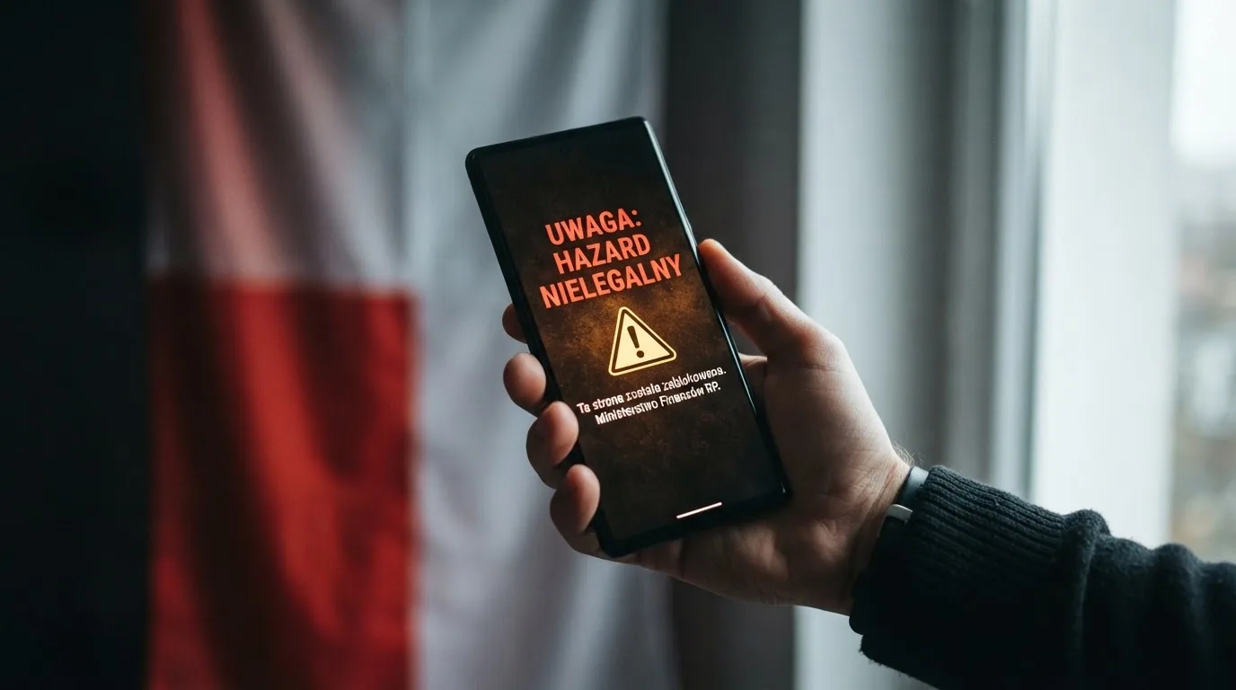 Dłoń trzymająca telefon z widocznym komunikatem ostrzegawczym o legalności hazardu online na tle biało-czerwonej flagi Polski.