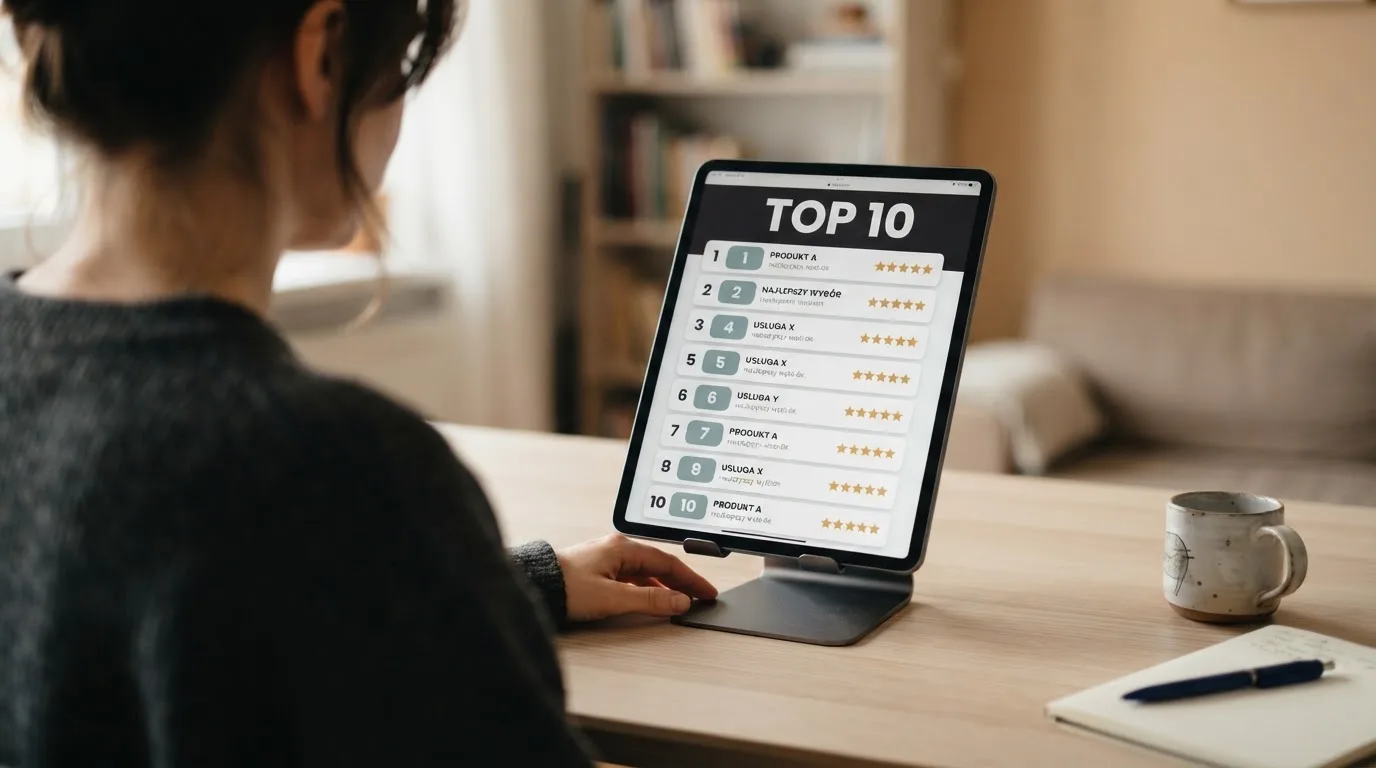 Ranking dziesięciu kart operatorów online ułożonych od najwyżej do najniżej ocenionego na ekranie tabletu.