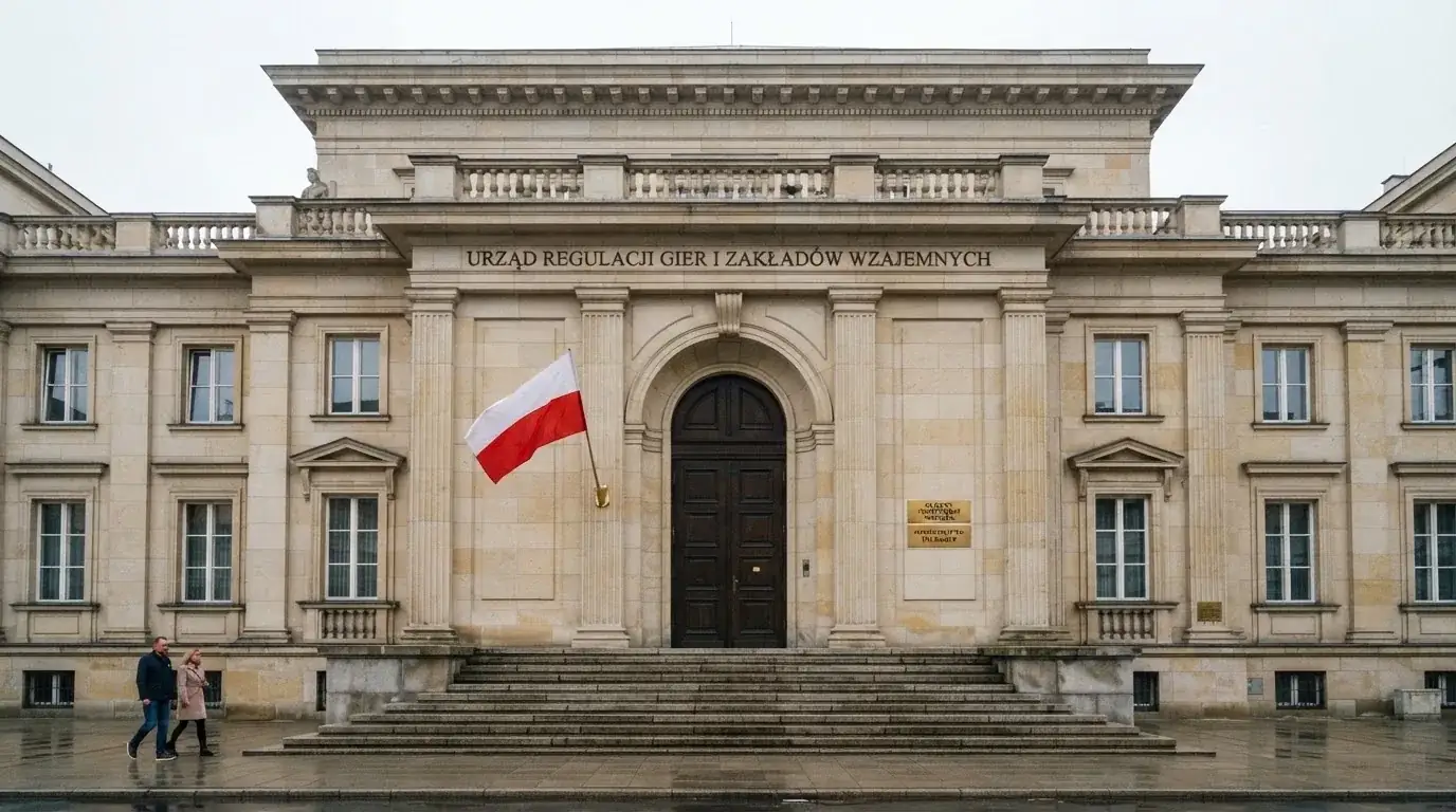 Fasada budynku instytucji państwowej z flagą Polski, symbol nadzoru regulatora nad rynkiem gier hazardowych