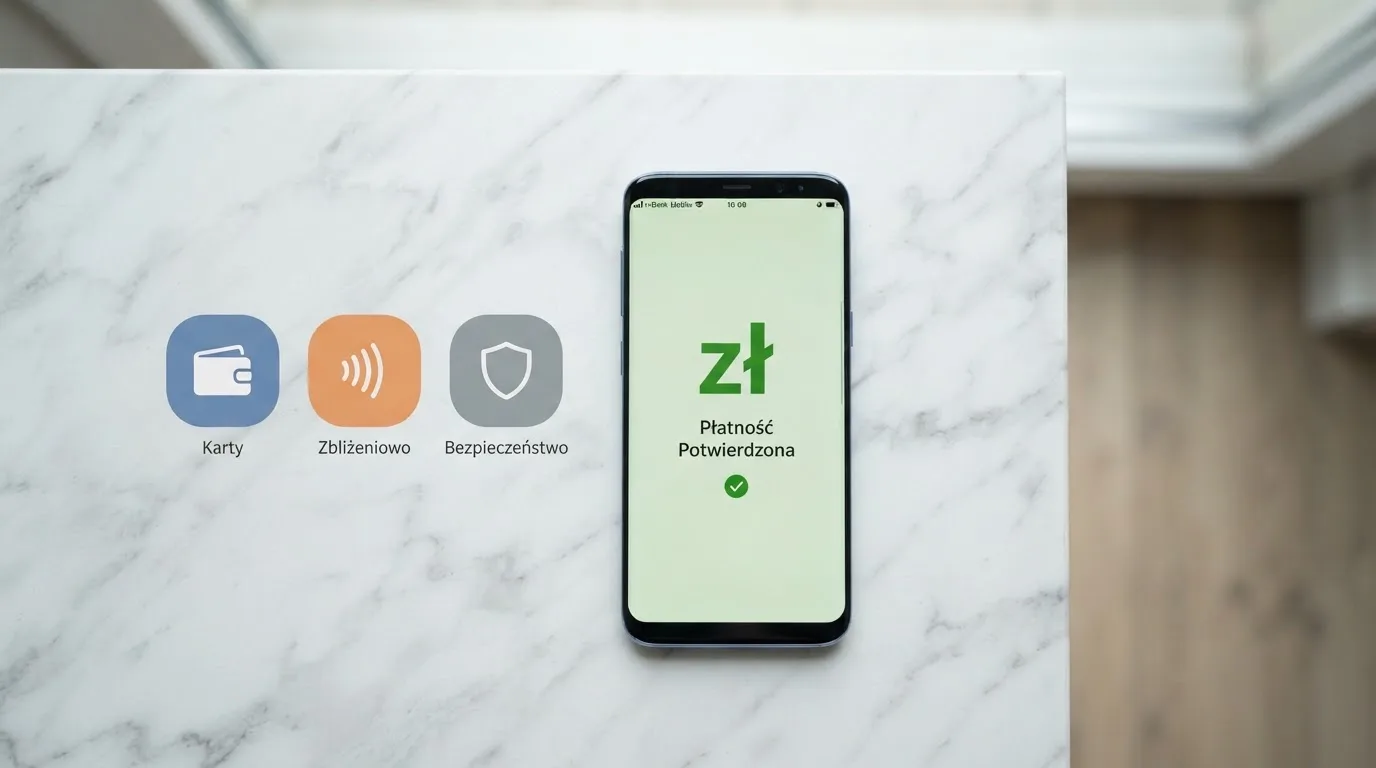 Ikony popularnych elektronicznych portfeli płatniczych obok telefonu z otwartą aplikacją bankową