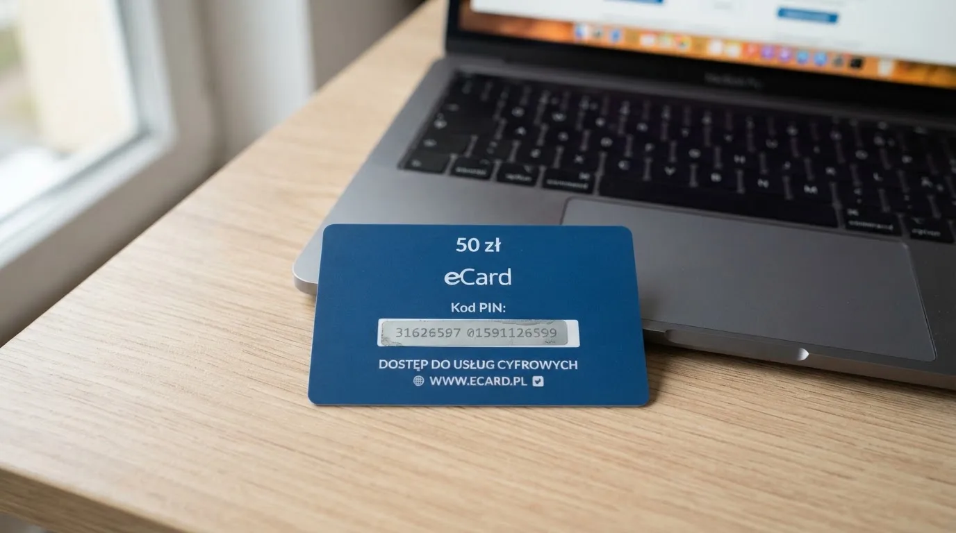 Karta przedpłacona Paysafecard z zasłoniętym polem kodu PIN obok klawiatury laptopa