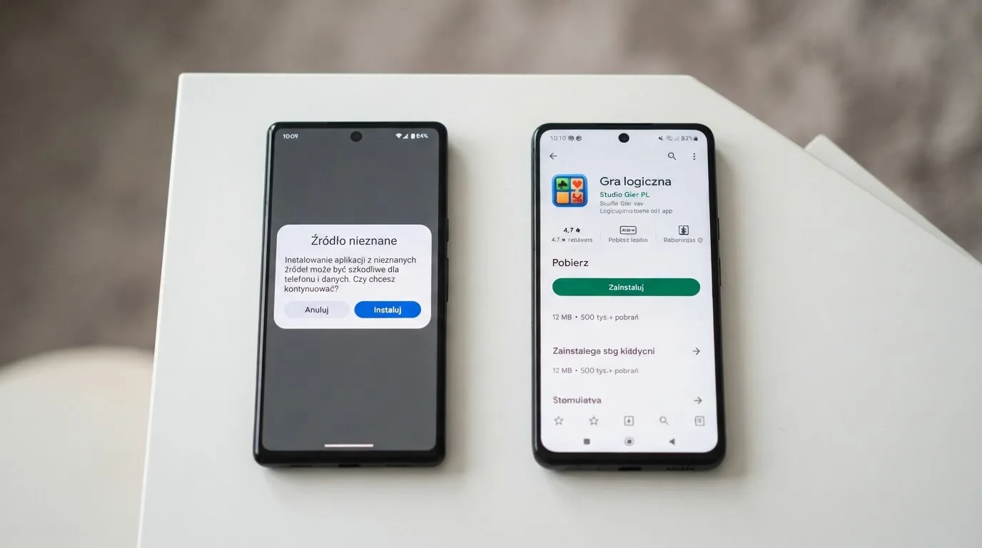 Dwa telefony obok siebie: na jednym komunikat zgody na instalację pliku APK z nieznanego źródła, na drugim strona aplikacji w sklepie z przyciskiem pobierania