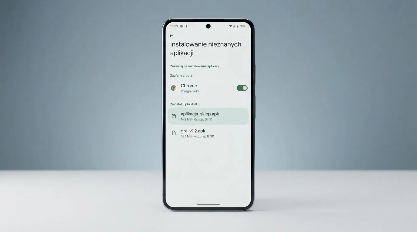 Ekran ustawień Androida z przełącznikiem zgody na instalację aplikacji z nieznanego źródła i pobranym plikiem instalacyjnym na liście
