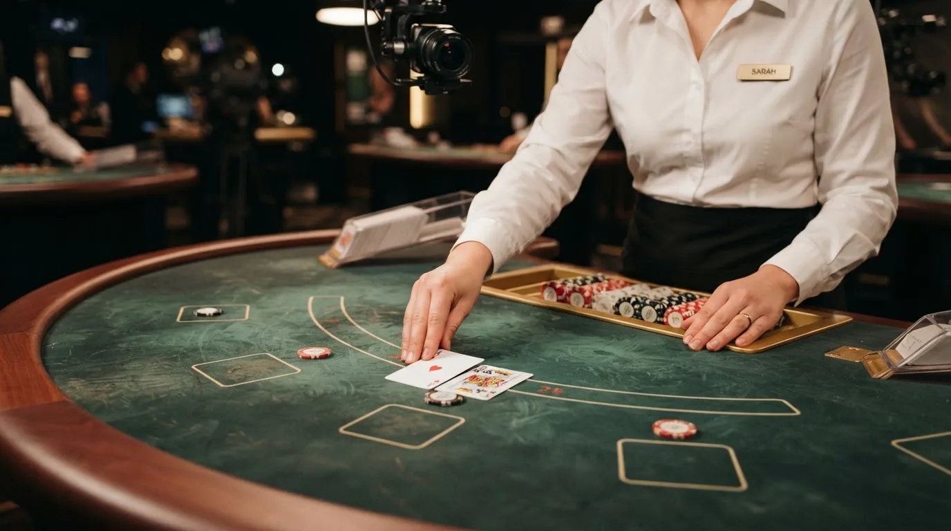 Krupier rozdający karty przy stole blackjacka podczas transmisji na żywo