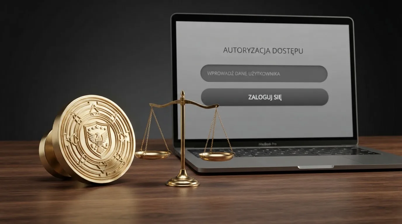 Symboliczna pieczęć urzędowa i waga obok ekranu logowania do serwisu hazardowego