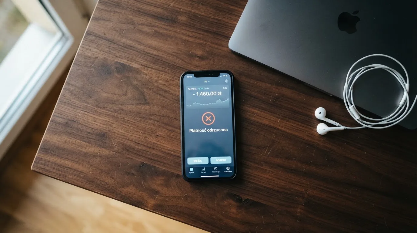 Smartfon z otwartym portfelem kryptowalut i komunikatem o odrzuconej płatności leżący obok laptopa