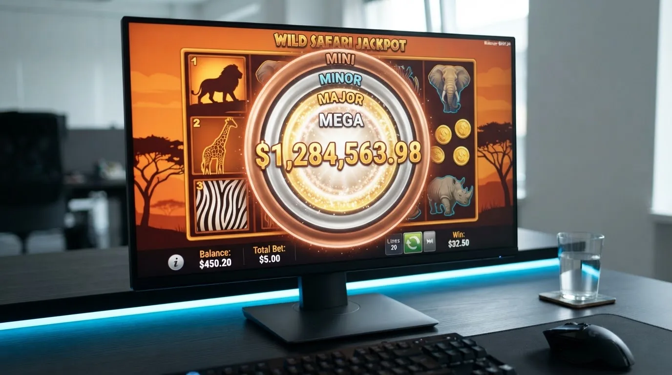 Kołowy wskaźnik jackpota z czterema poziomami nagród na ekranie automatu online, rosnąca pula w tle