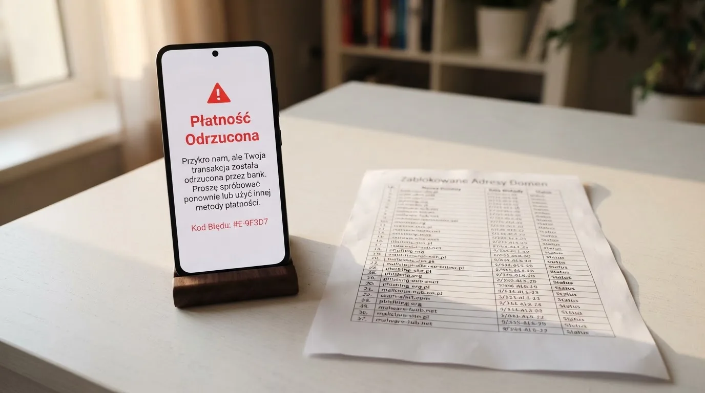 Telefon z komunikatem o odrzuconej płatności na ekranie, obok wydruk tabeli z listą zablokowanych adresów stron