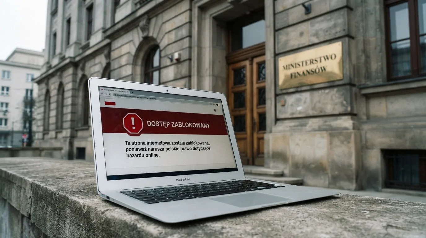 Budynek urzędu z tablicą ministerstwa, na pierwszym planie laptop z komunikatem o zablokowanej stronie kasyna