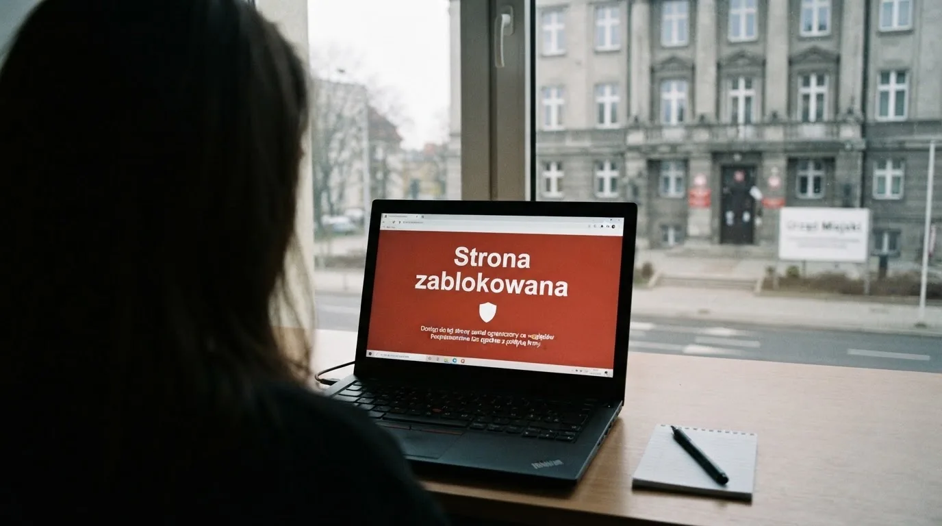 Laptop z komunikatem o zablokowanej stronie hazardowej, w tle budynek urzędu z tablicą ministerstwa