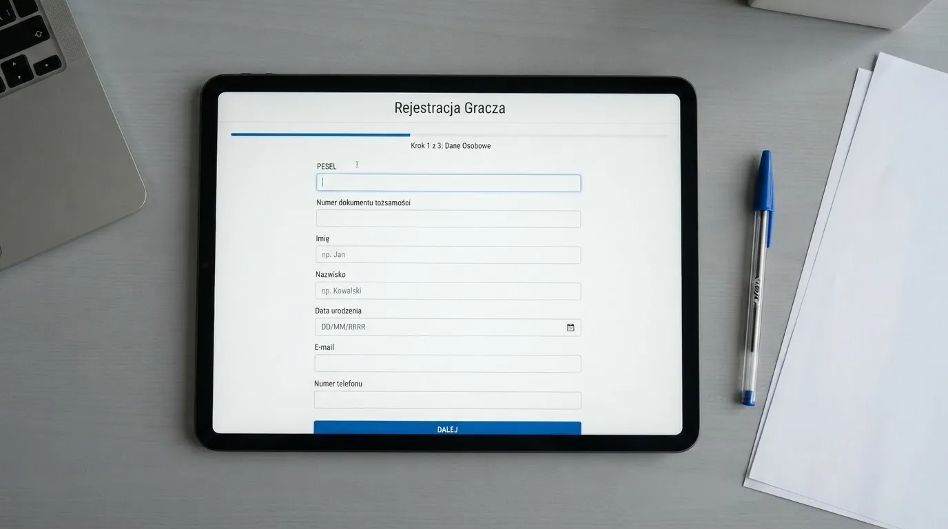 Formularz rejestracji konta gracza z polami na PESEL i numer dokumentu tożsamości na ekranie tabletu