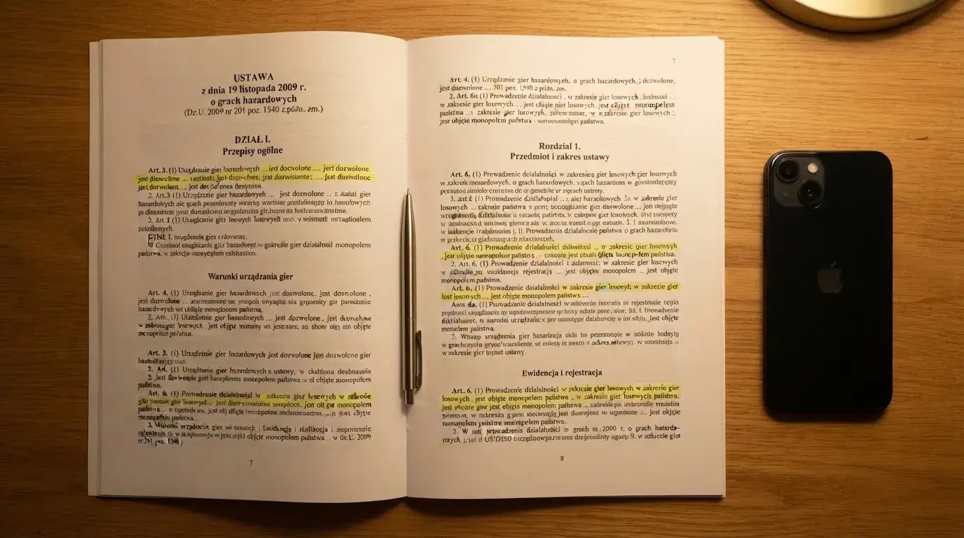 Wydruk ustawy o grach hazardowych z zakreślonymi artykułami leżący na biurku obok wyłączonego smartfona