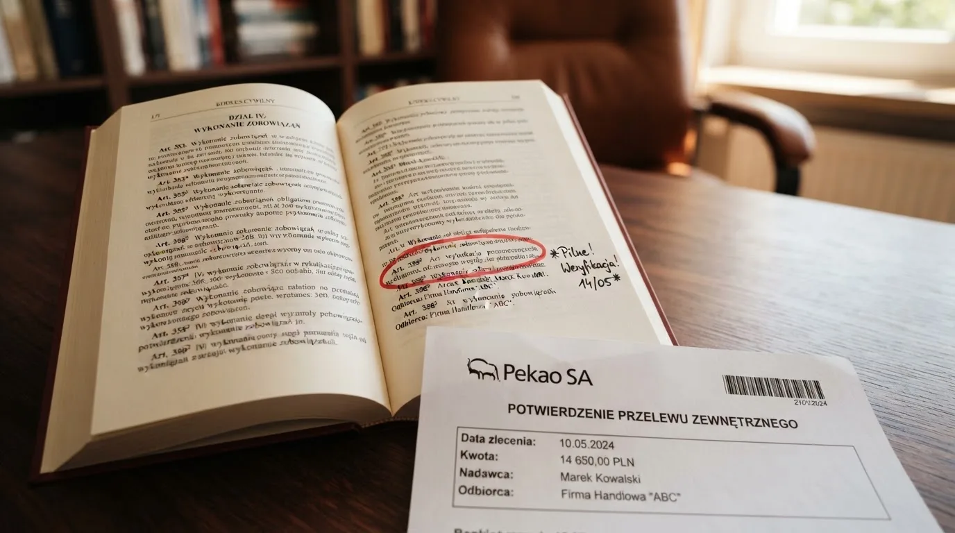 Otwarty tekst ustawy o grach hazardowych z zakreślonym artykułem, obok wydruku potwierdzenia przelewu wygranej