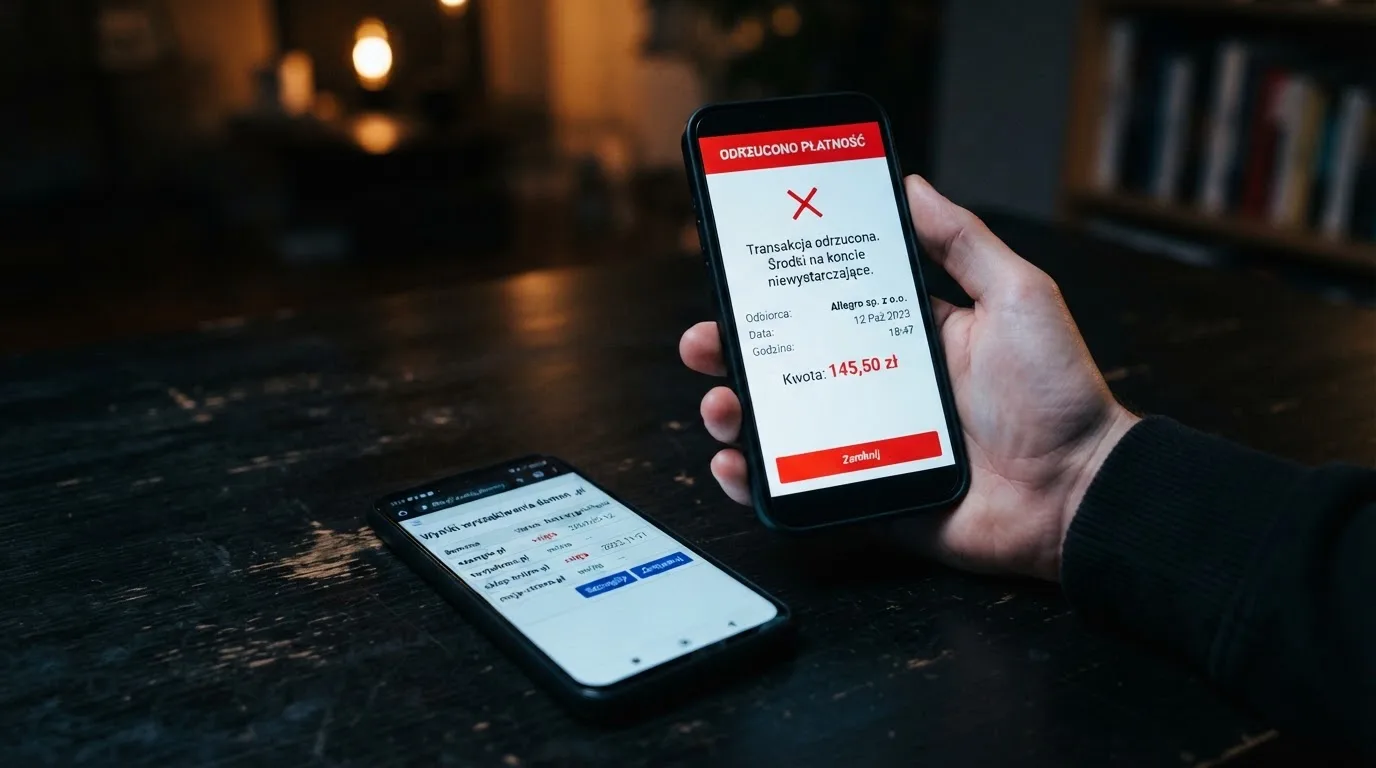 Ekran telefonu z odrzuconą płatnością BLIK obok otwartej w przeglądarce wyszukiwarki rejestru domen Ministerstwa Finansów