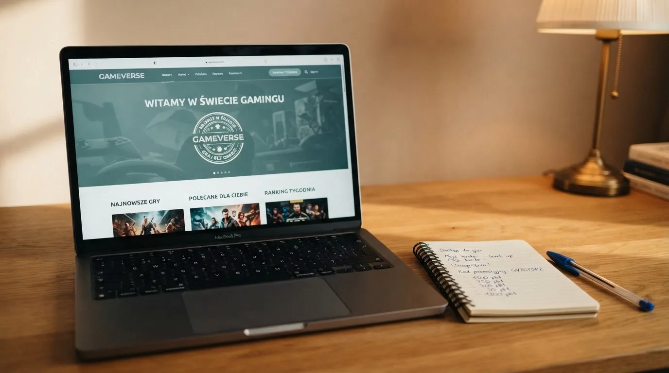 Laptop na biurku z otwartą stroną nowego serwisu online, obok kartka z odręcznie zapisanym numerem licencji.