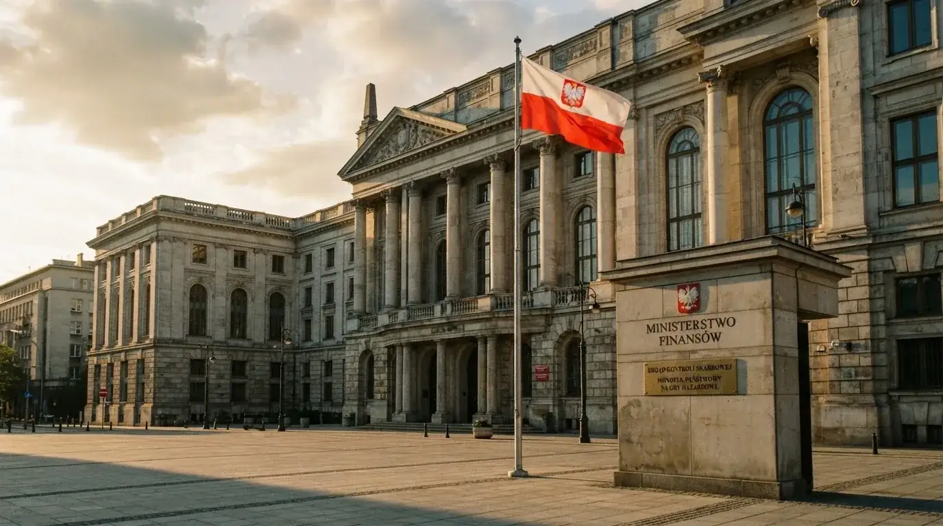 Budynek urzędu administracji państwowej z flagą Polski na maszcie w tle