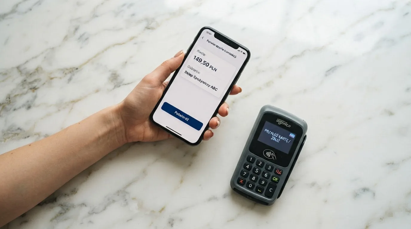 Dłoń trzymająca smartfon tuż przed zatwierdzeniem płatności w aplikacji bankowej, na ekranie widoczny jeden przycisk potwierdzenia, obok terminal płatniczy na blacie.
