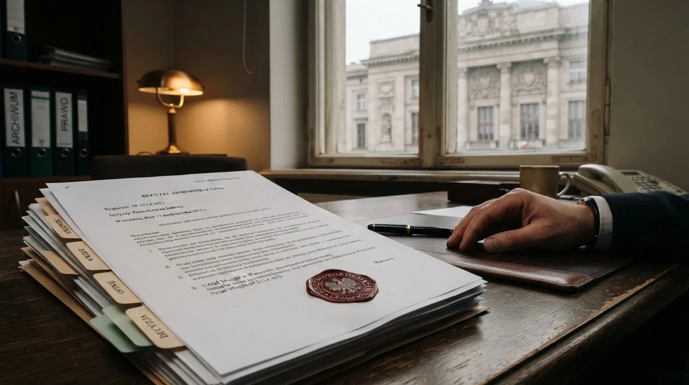 Stos dokumentów urzędowych i pieczęć na biurku, w tle sylwetka budynku administracji publicznej