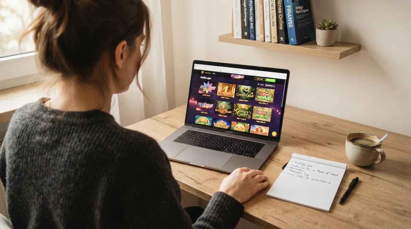 Ekran laptopa z tabelą porównawczą kilku serwisów kasynowych, bez widocznych logotypów marek