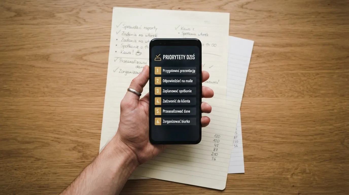 Dłoń trzymająca telefon z listą rankingową na ekranie, obok kartka papieru z odręcznymi notatkami porównawczymi.