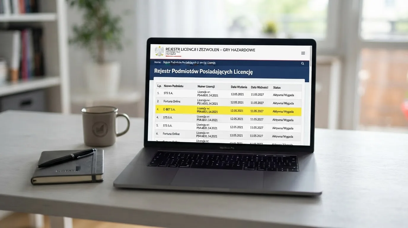 Ekran laptopa z otwartym rejestrem licencji regulatora z Curaçao, w którym jeden wiersz zaznaczono żółtym podświetleniem