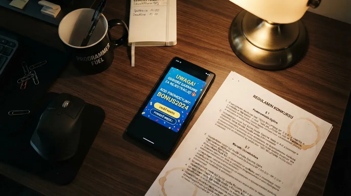 Telefon z wyskakującym banerem obiecującym darmowe złotówki za rejestrację, obok wydruk ustawy o grach hazardowych