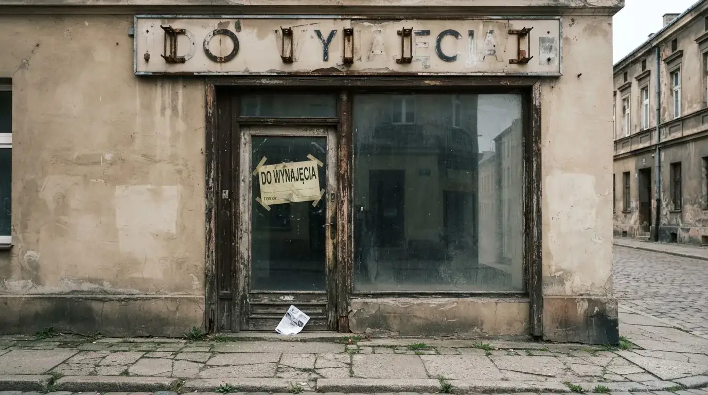 Pusty, zamknięty lokal handlowy z tabliczką „do wynajęcia”, symbolizujący brak działających salonów gry bingo pieniężne