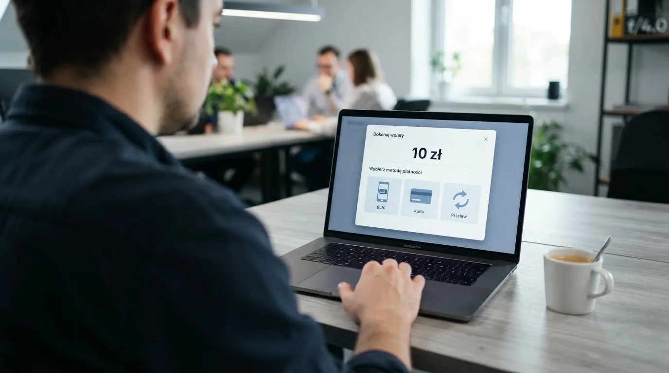 Laptop z otwartym oknem wpłaty na kwotę 10 zł i listą metod: BLIK, karta płatnicza, szybki przelew