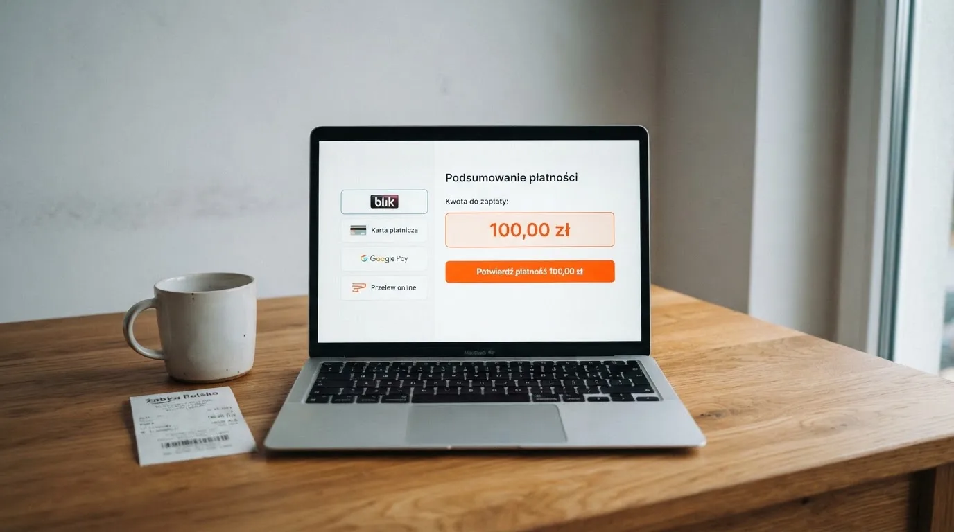 Laptop z oknem wpłaty na ePortfel, wpisana kwota 100 zł i lista metod: BLIK, karta płatnicza, szybki przelew