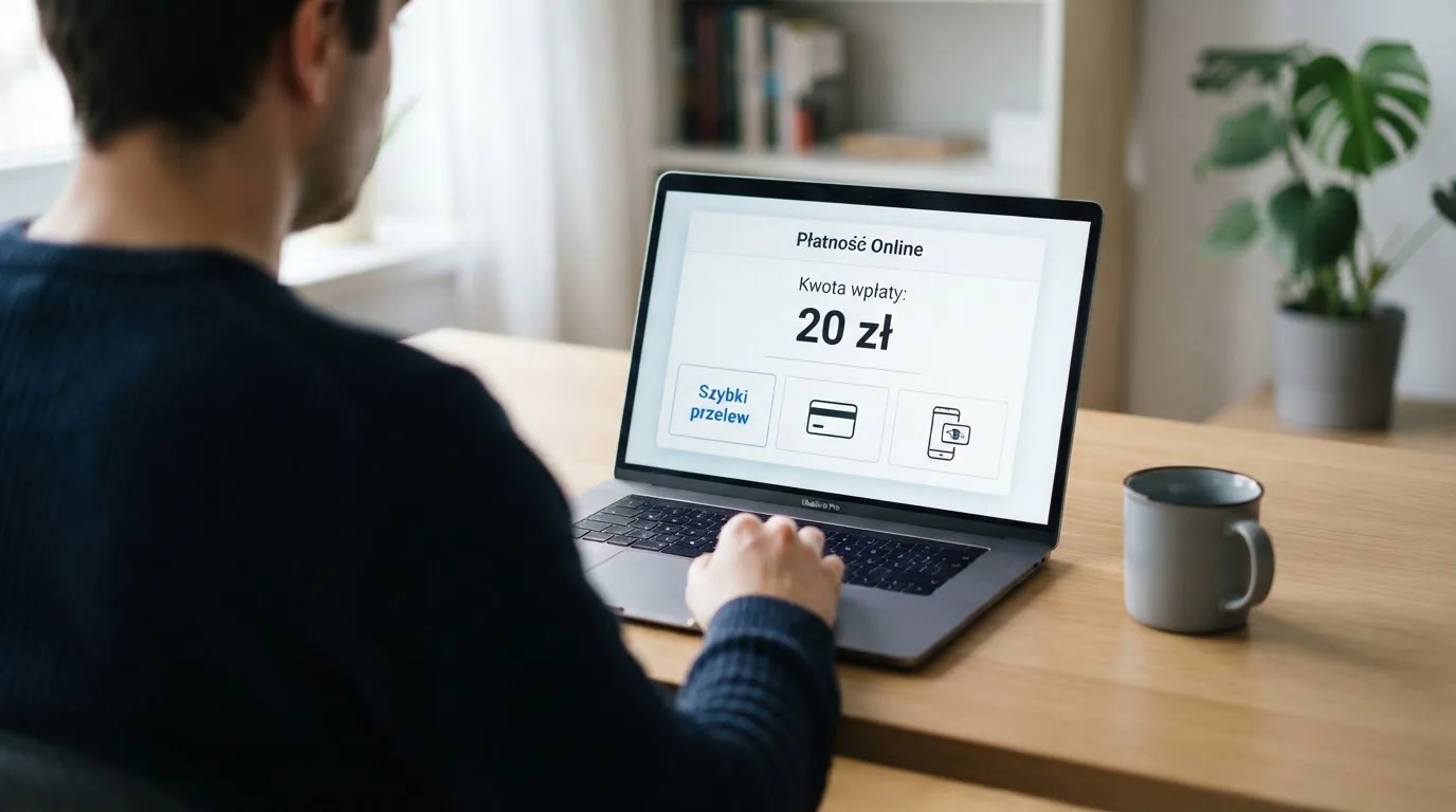 Laptop z otwartym formularzem wpłaty na kwotę 20 zł i wyborem między szybkim przelewem, kartą płatniczą a BLIK-iem