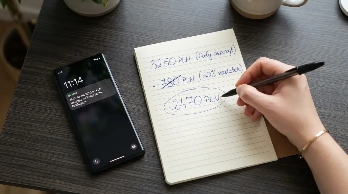 Ekran telefonu z wiadomością SMS obok kalkulatora liczącego opłaty